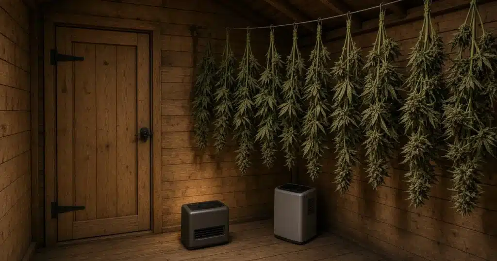 Cannabis branches hanging from a line inside a tidy wooden shed with a small heater and dehumidifier on the floor