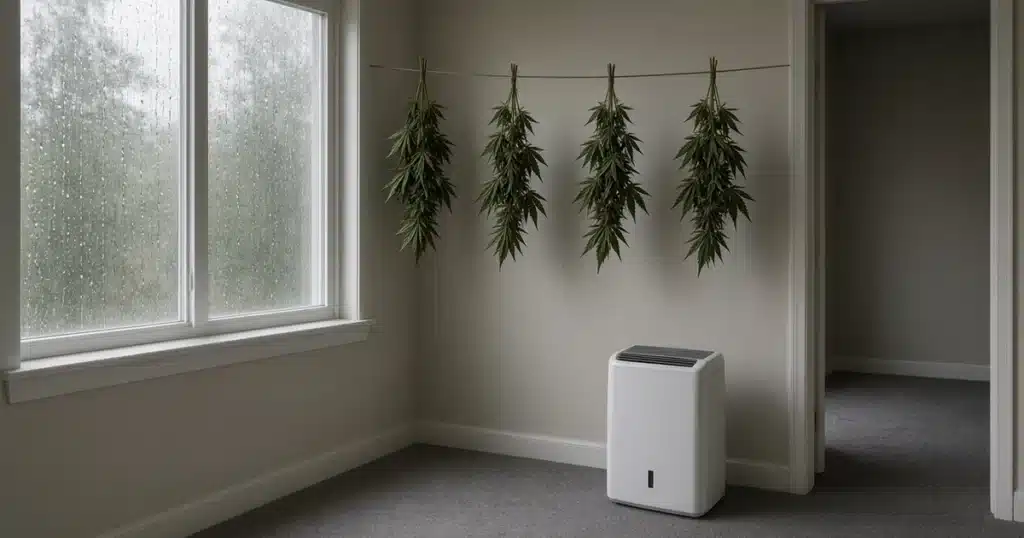 Closed spare room with a dehumidifier running below hanging cannabis branches and rain on the window