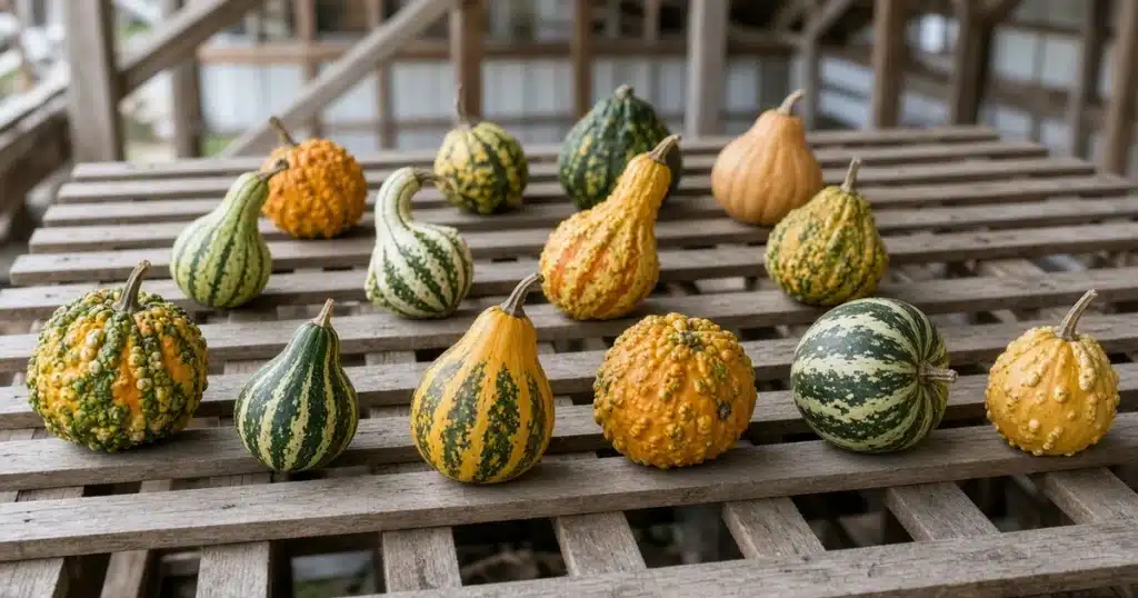 Ornamental gourds drying on a slatted rack