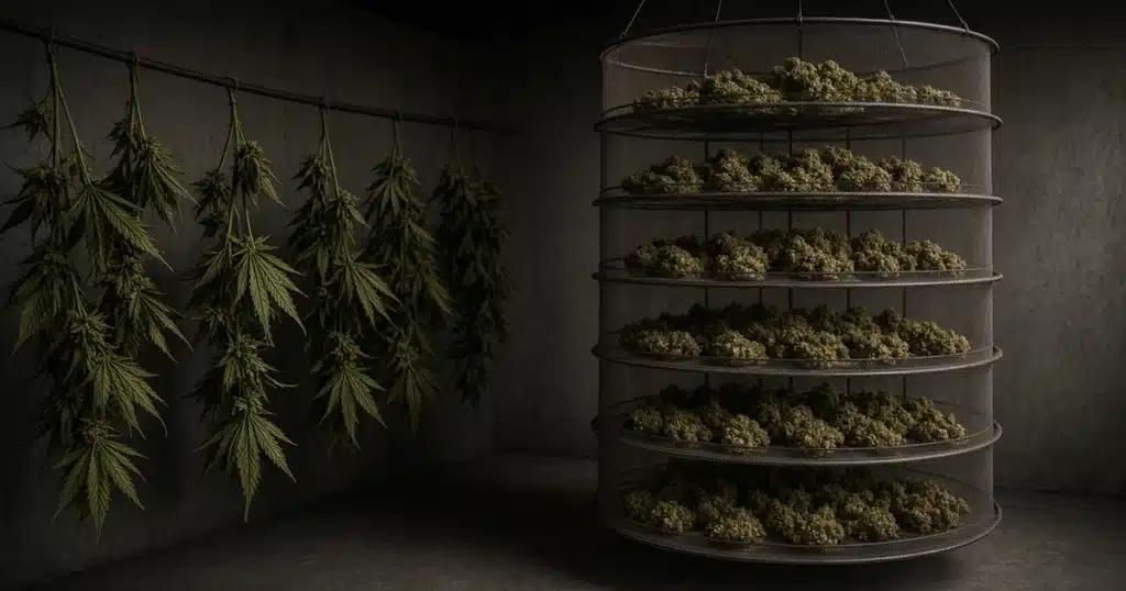 Hanging mesh drying rack with cannabis buds on its tiers beside cannabis branches hanging on a line in a dim room