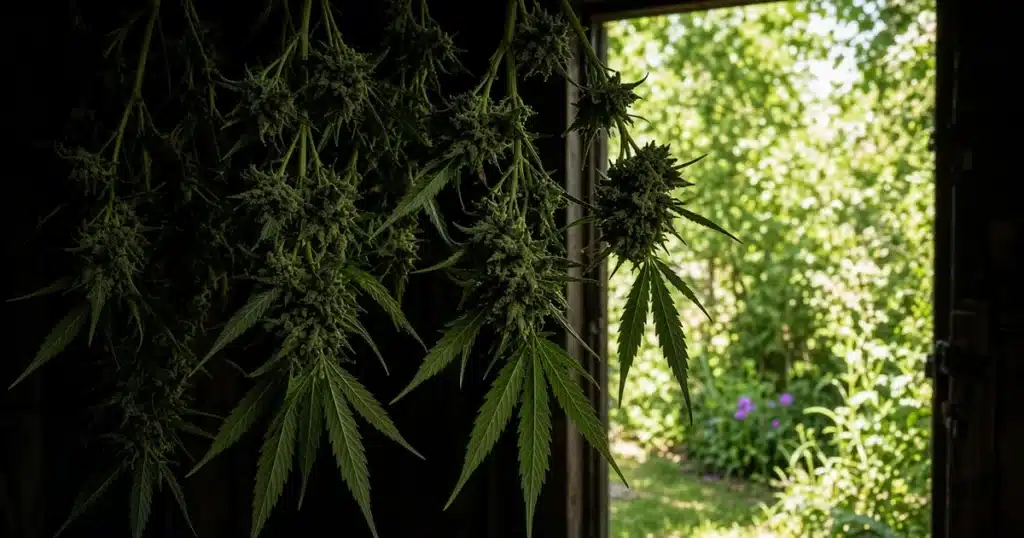Cannabis branches hanging in a dark shaded shed doorway with bright sunlight outside and the buds in shadow