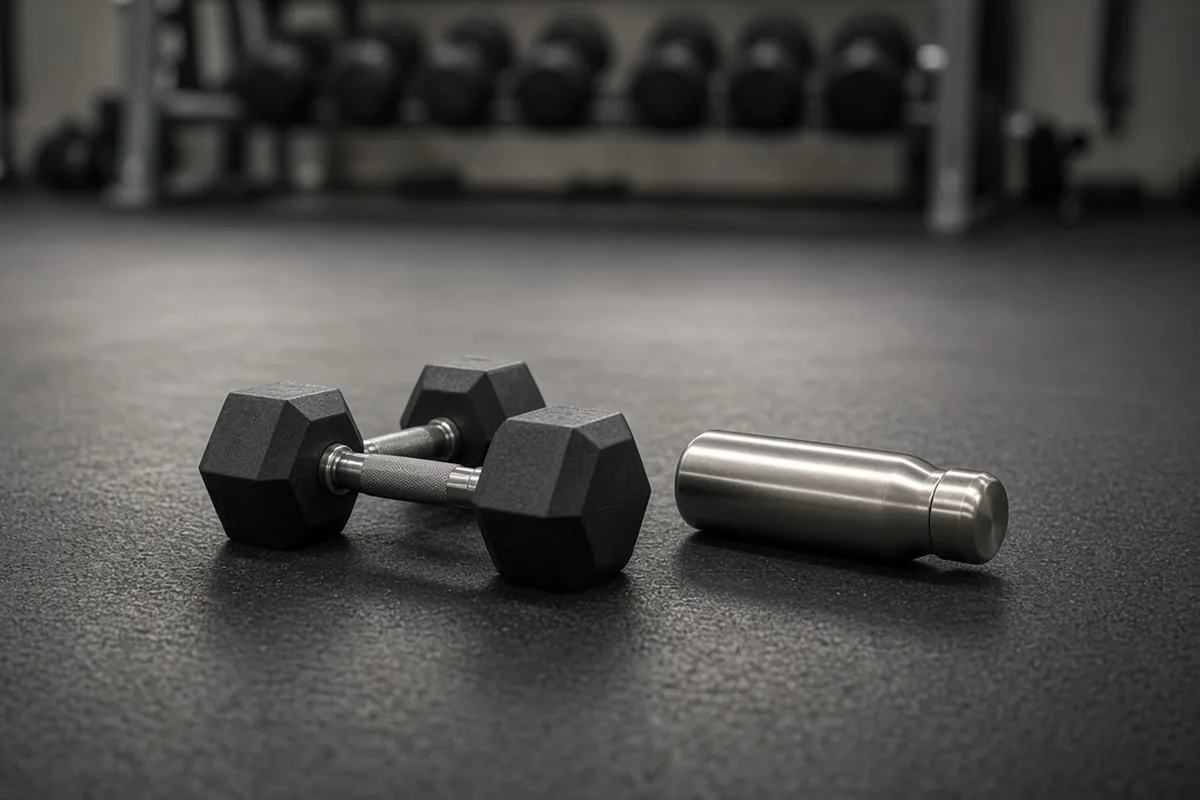 Dumbbells and a water bottle on a gym floor