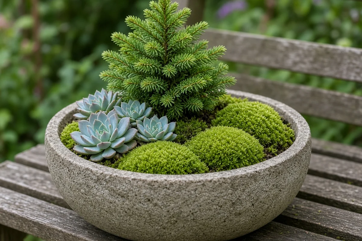 Dwarf plants and moss in a container scene