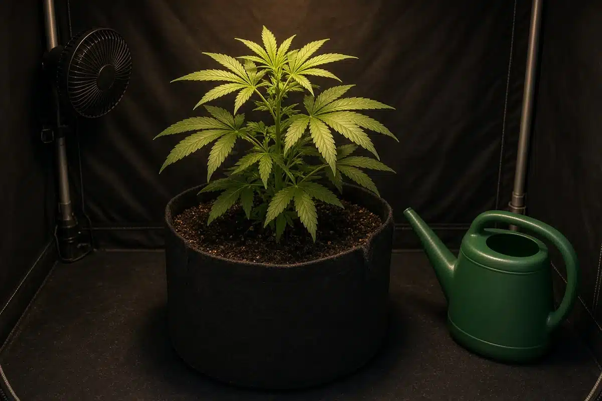 Watering can beside a potted cannabis plant early in the morning as light comes on in a well ventilated tent