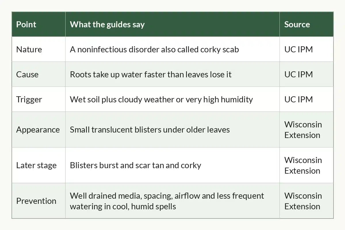 Table graphic of Cannabis Edema at a Glance for cannabis growers, 6 rows by 3 columns