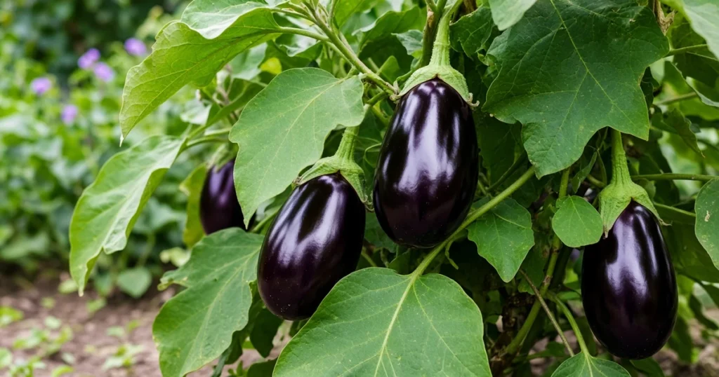 Eggplant plant with glossy purple fruit