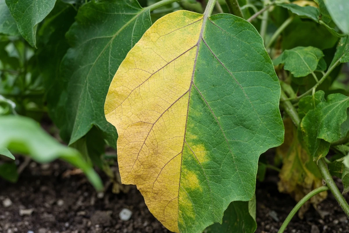 Eggplant leaf yellowing on one side