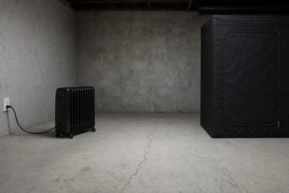 Electric space heater on a concrete floor more than three feet from a zipped grow tent, with its cord running to a wall outlet