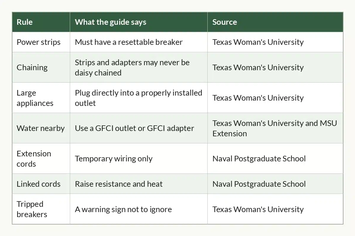 Table graphic of Electrical Safety Rules at a Glance for indoor cannabis growers, 7 rows by 3 columns