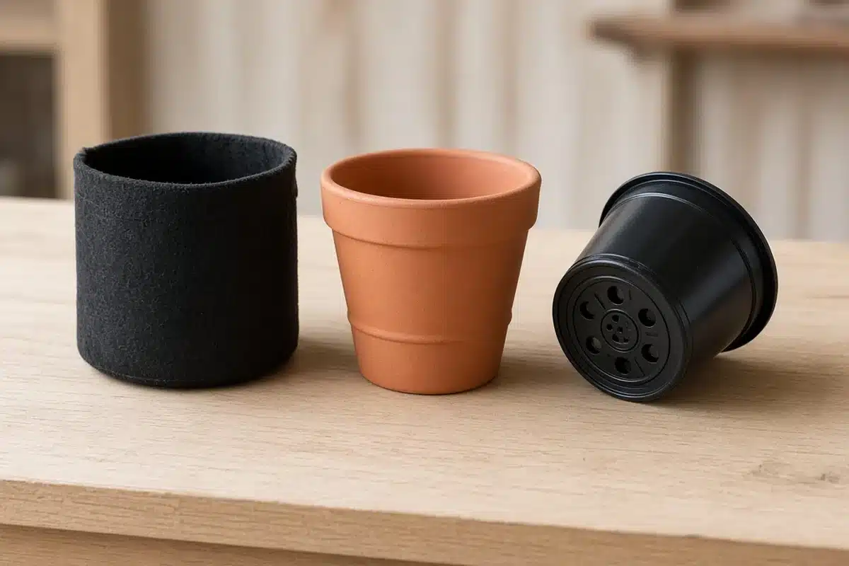 Empty fabric, clay and plastic grow pots side by side