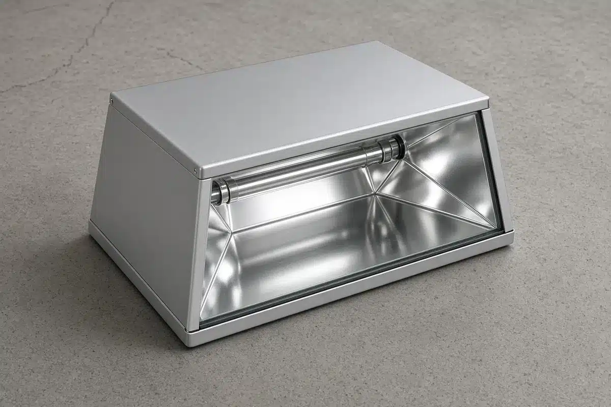 Enclosed hood reflector with glass lens