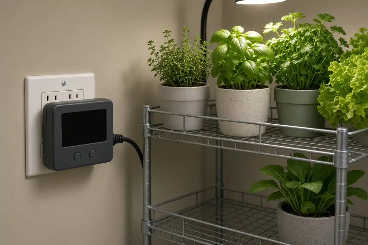 Energy meter beside a plant shelf