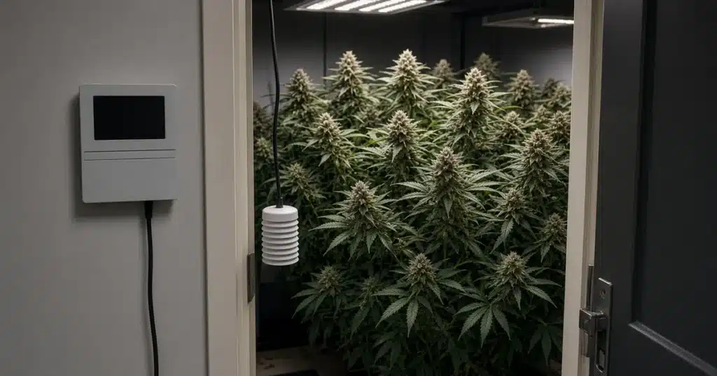 Environmental controller mounted outside a grow room with a shaded sensor hanging at canopy height among cannabis plants