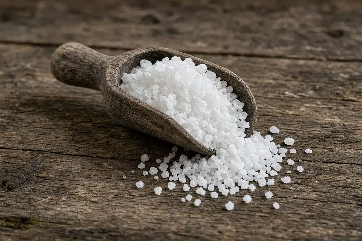 Epsom salt crystals in a wooden scoop