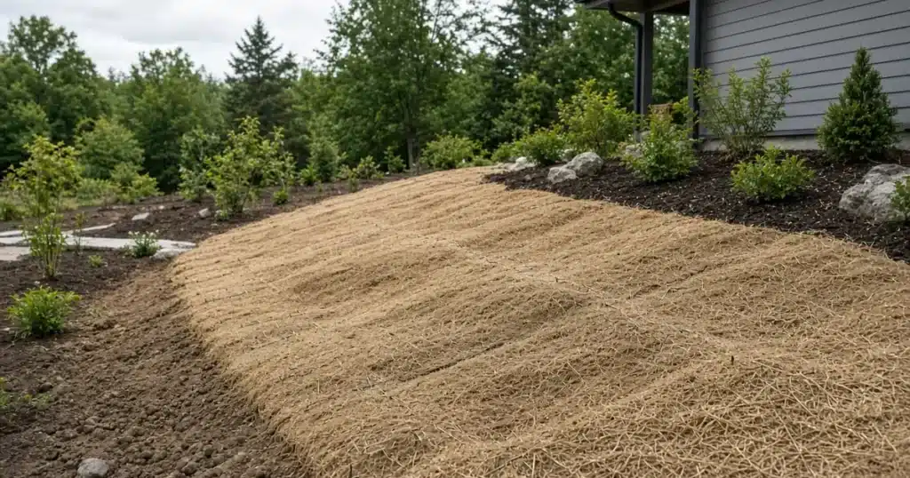 Straw erosion blanket stapled on a seeded slope