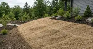 Straw erosion blanket stapled on a seeded slope