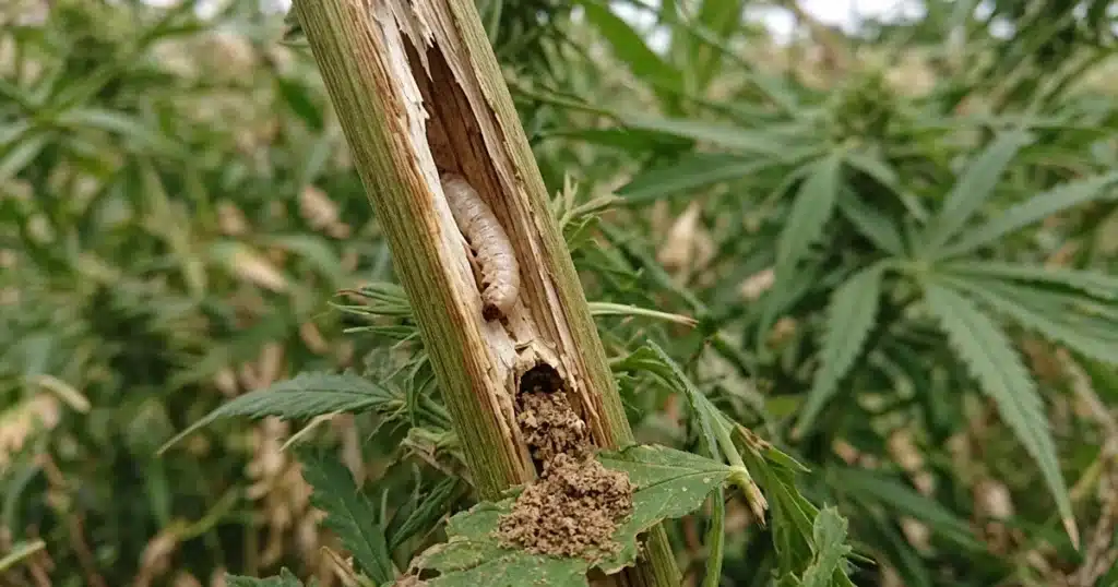 Hemp stalk split open to show a European corn borer caterpillar tunnel and frass