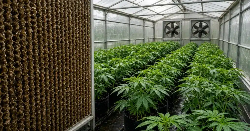 Wet cellulose cooling pad wall at one end of a greenhouse full of cannabis plants with exhaust fans at the far end