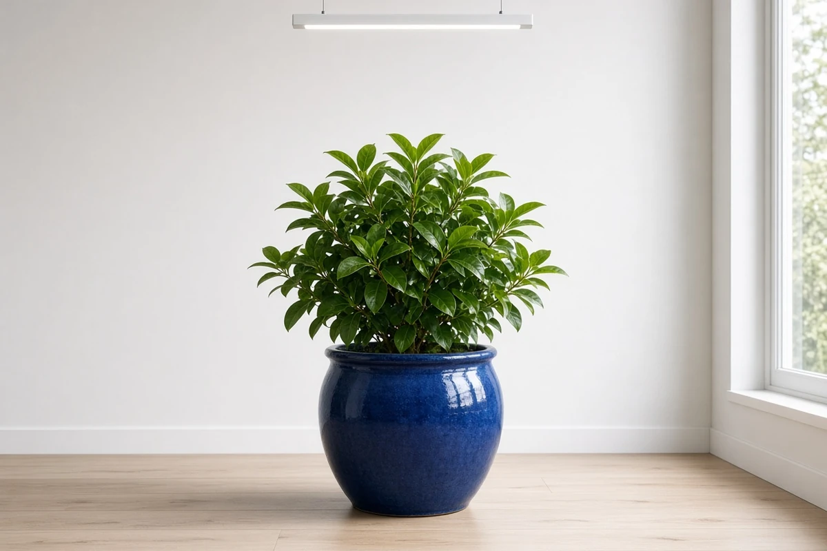 Evergreen shrub in a pot under a grow light