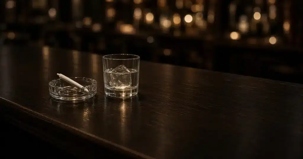 Joint in an ashtray beside a glass of water on a bar top