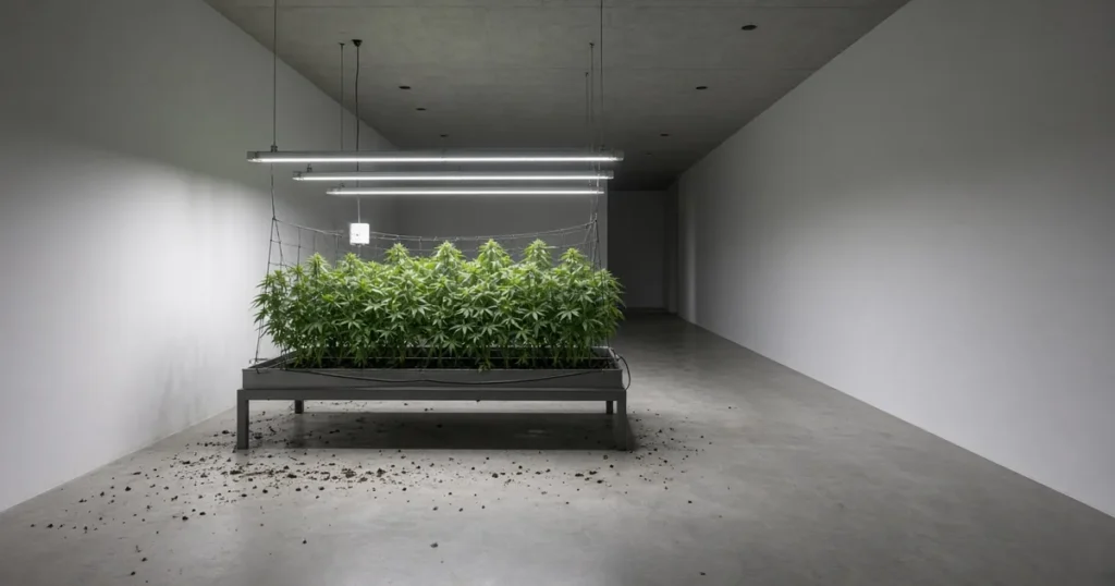 Modern cannabis grow room with LED lights and a plant sensor