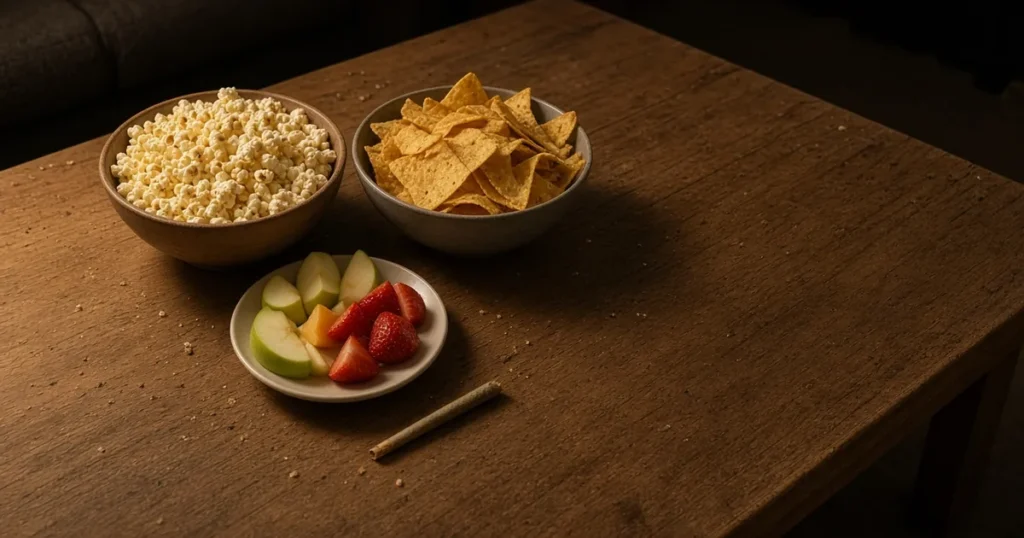 Bowl of snacks beside a rolled joint on a coffee table