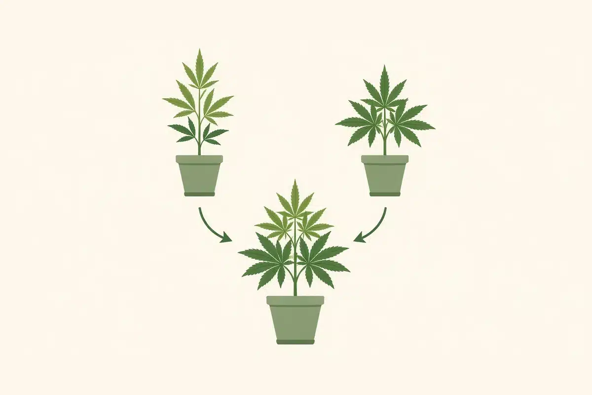 Illustration of two parent cannabis plants crossed into an F1 plant