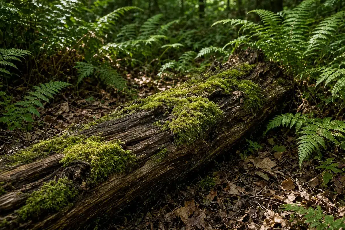 Fallen log on the forest floor covered in moss