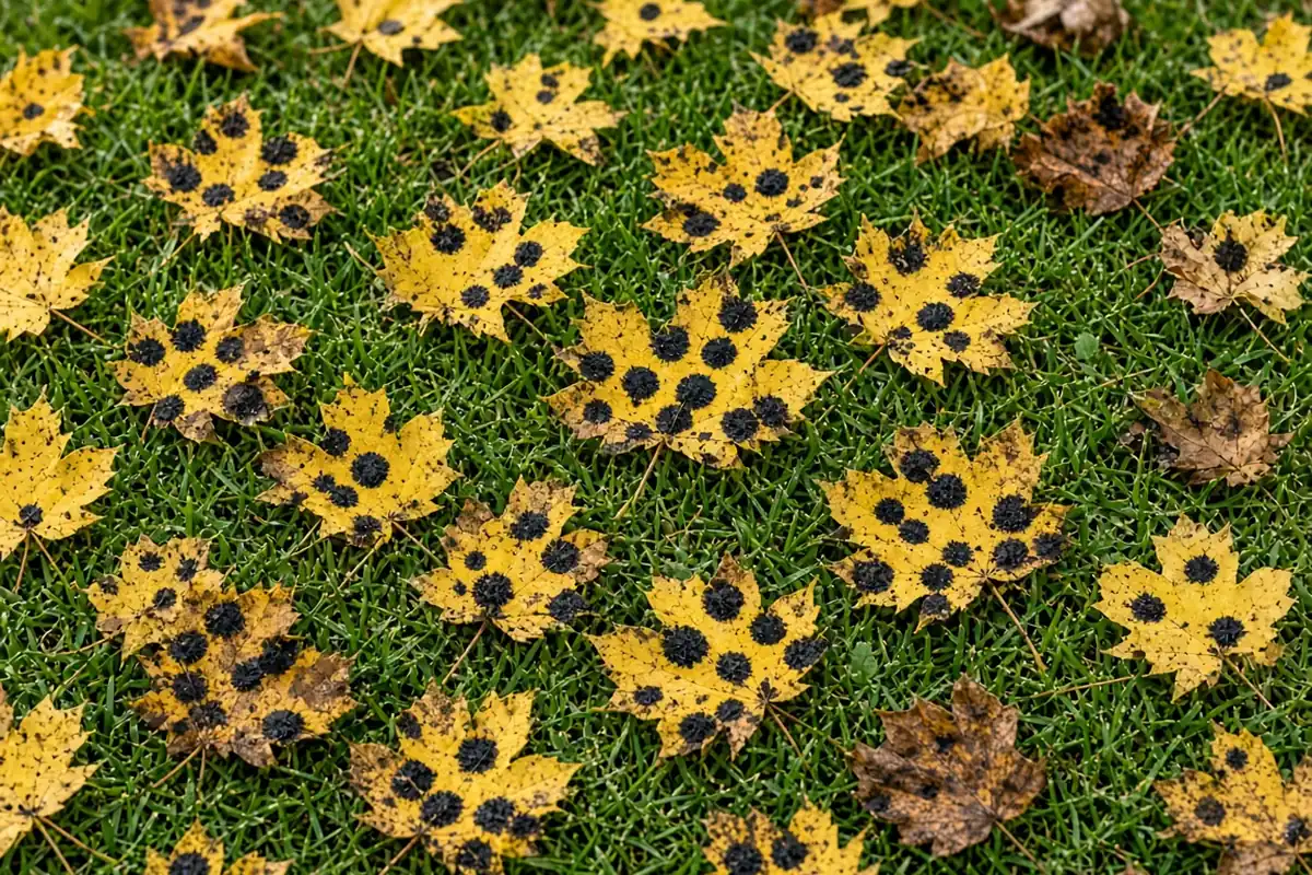 Fallen maple leaves with black spots on a lawn