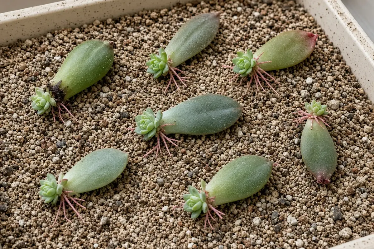 Fallen succulent leaves rooting on dry mix