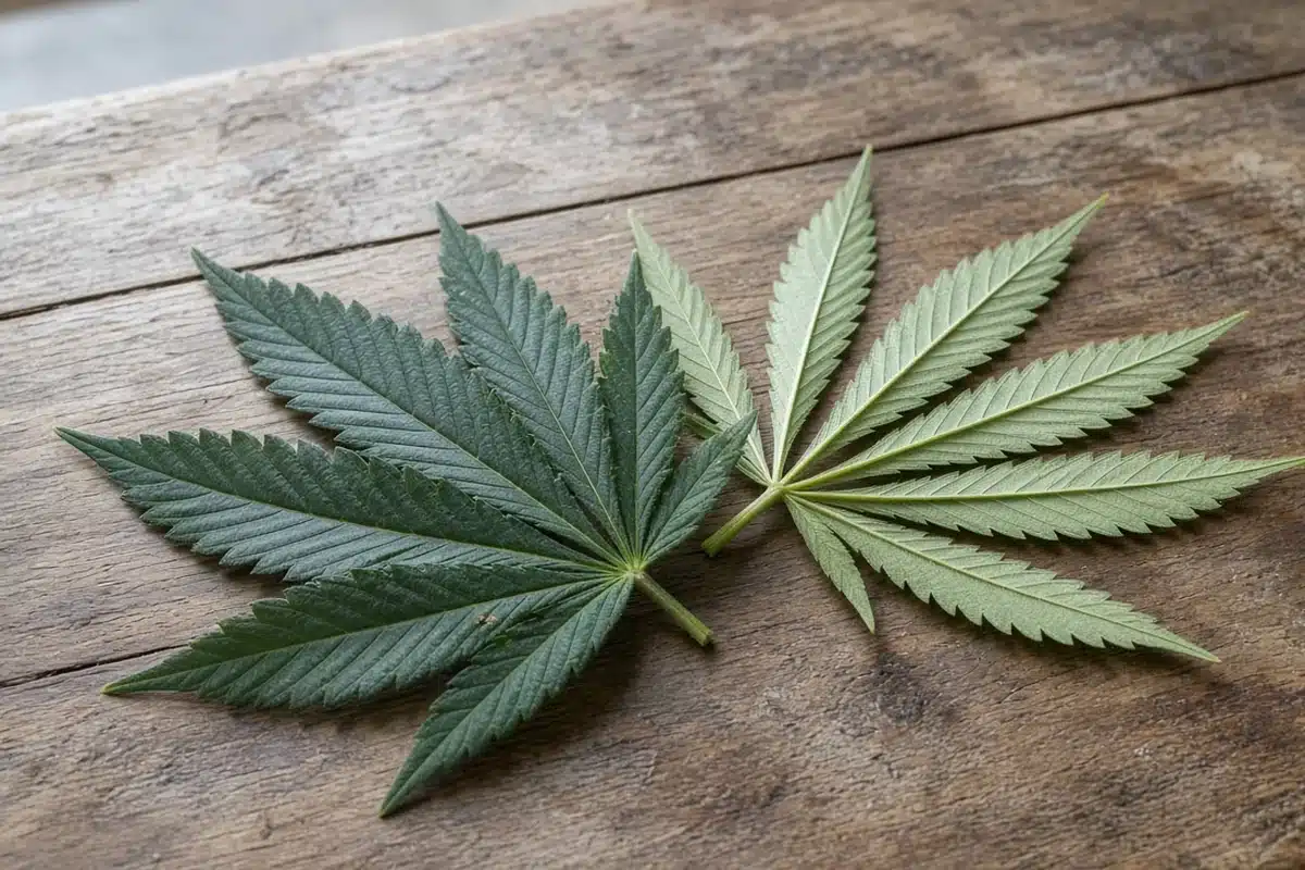 Close view of fan leaves from two different cannabis plants side by side on a bench
