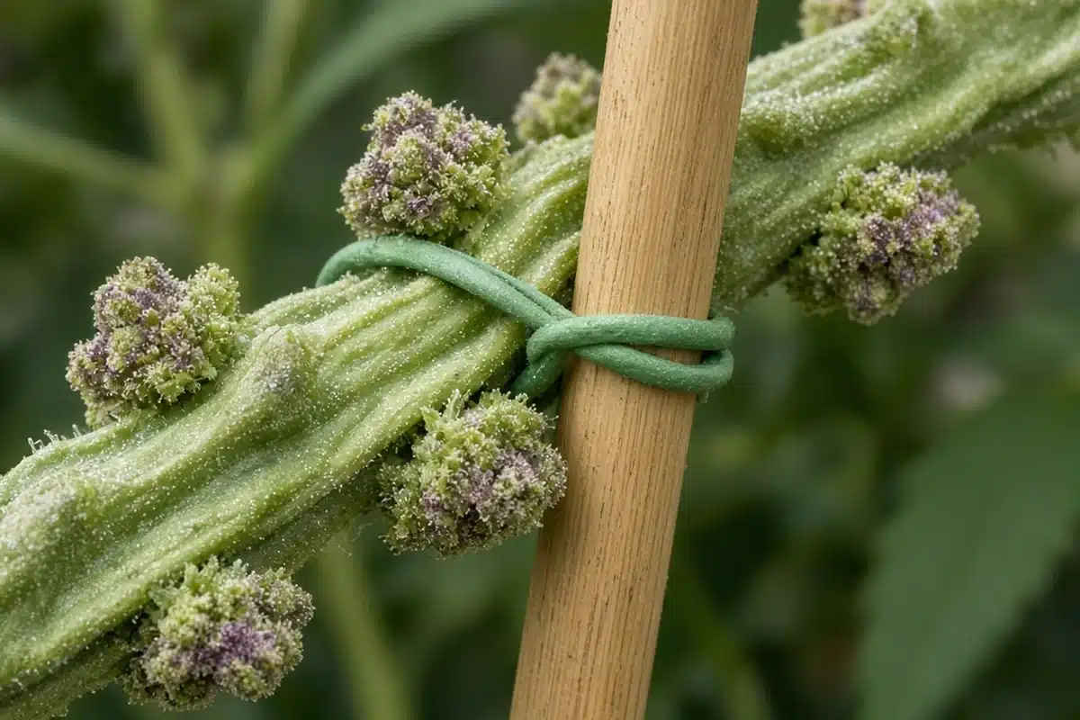 Flattened fasciated cannabis stem tied to a stake