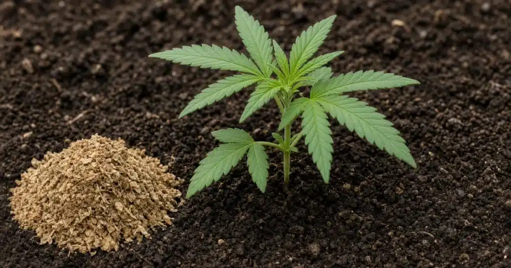 Small pile of tan feather meal beside a leafy cannabis seedling rooted in a dark soil bed