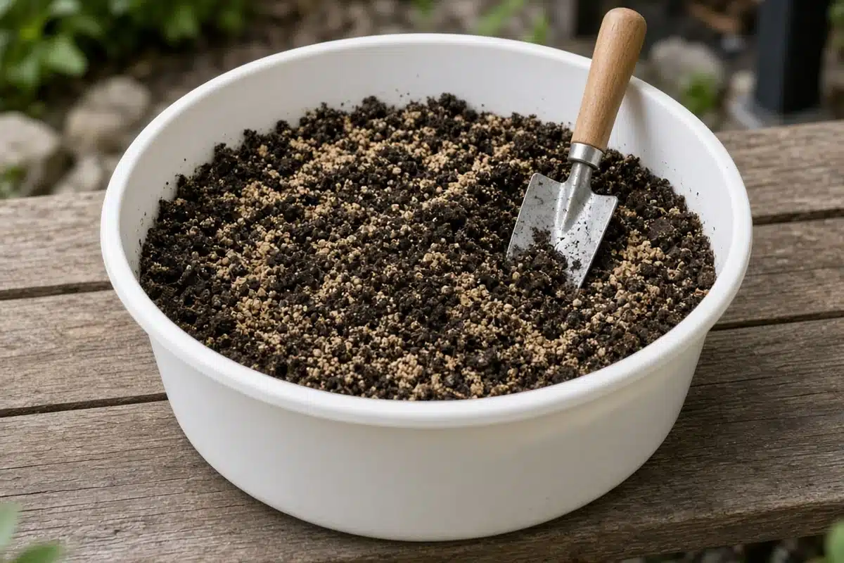 Gardener's trowel left standing in a wide tub of dark potting soil, with pale feather meal granules half mixed in