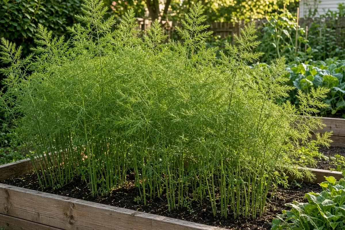 Feathery asparagus ferns in a summer bed
