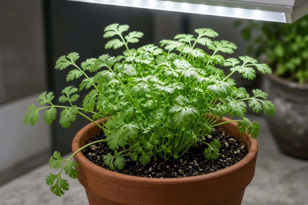 Feathery cilantro leaves in a terracotta pot under white light