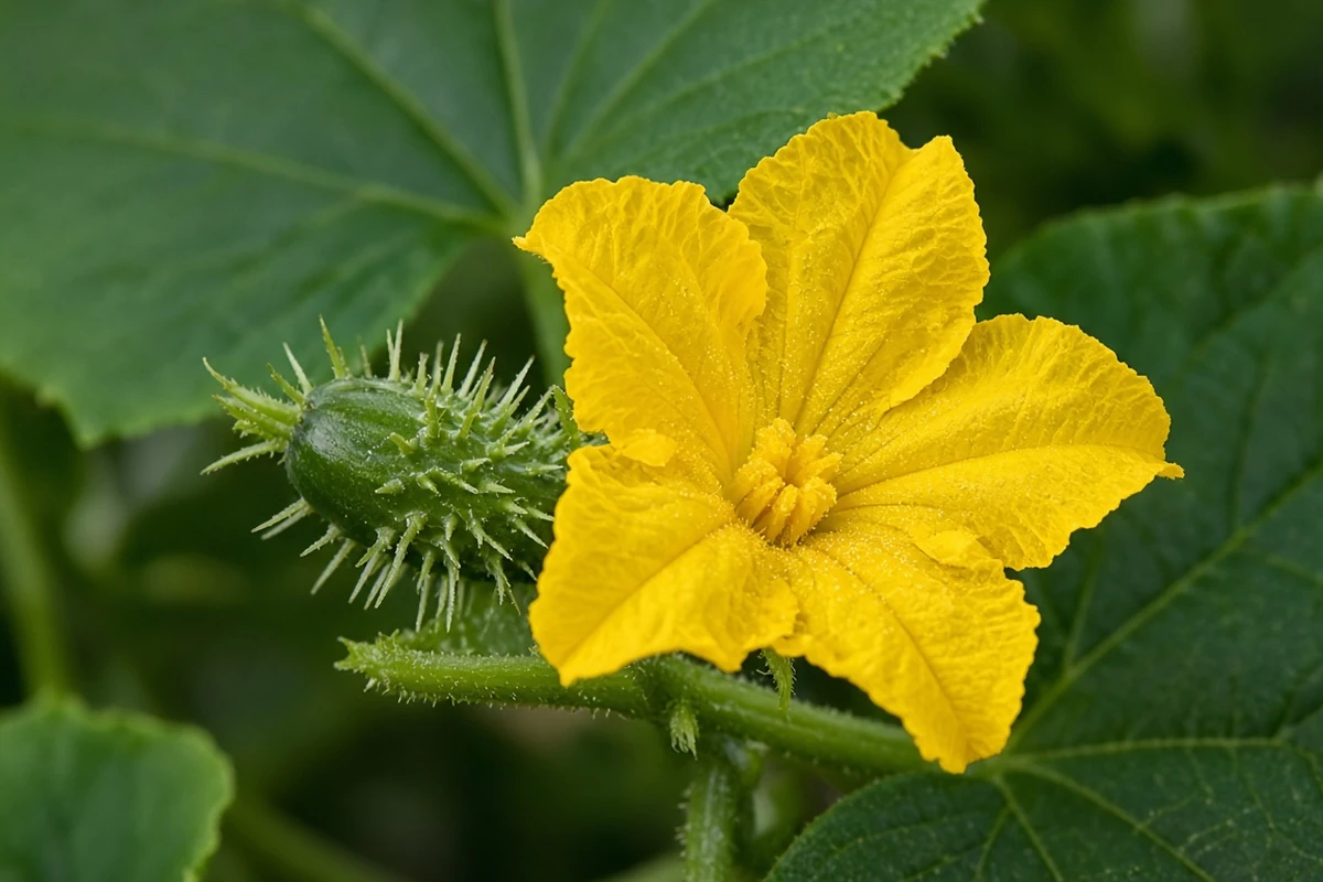 Female cucumber flower with a tiny fruit behind it