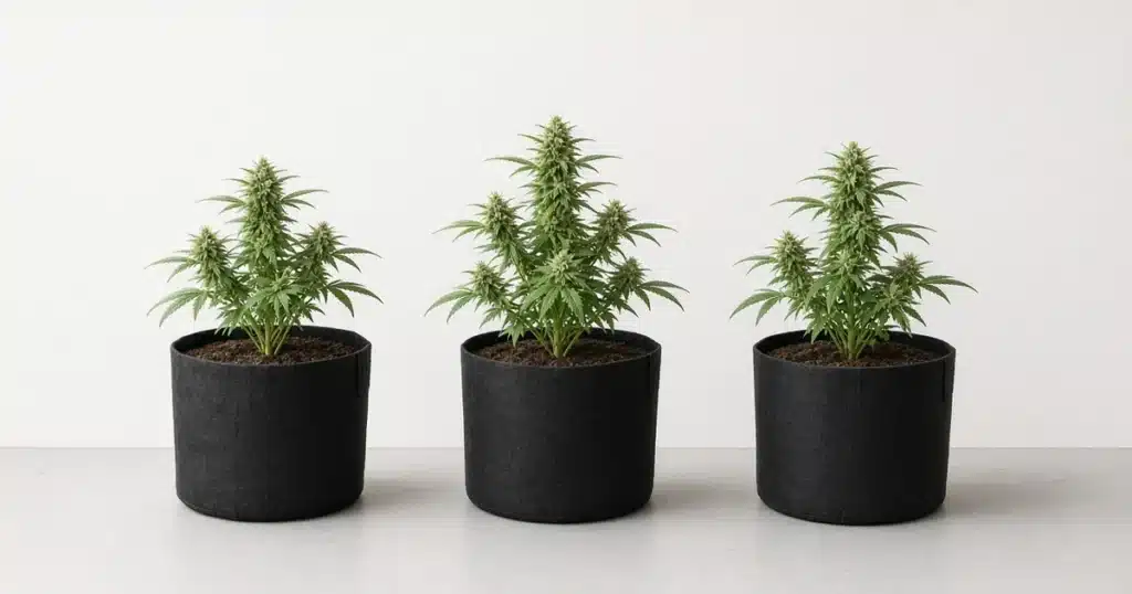 Three female cannabis plants in fabric pots in a home grow
