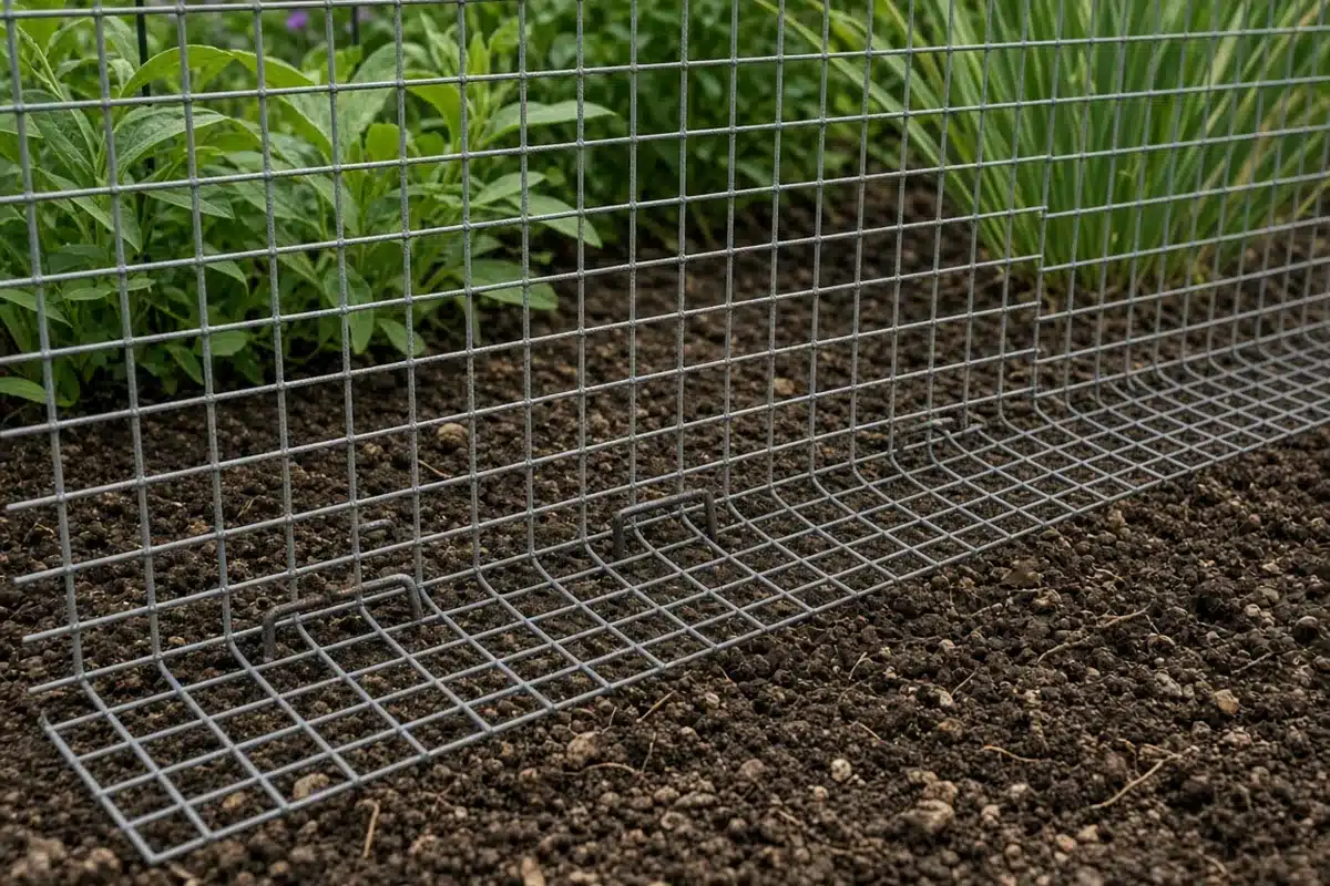 Fence bottom bent outward along the soil