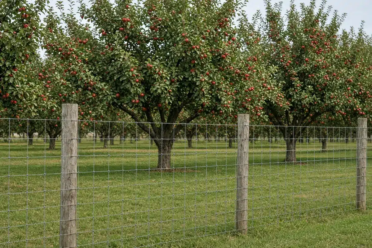 Fenced orchard section with mature apple trees