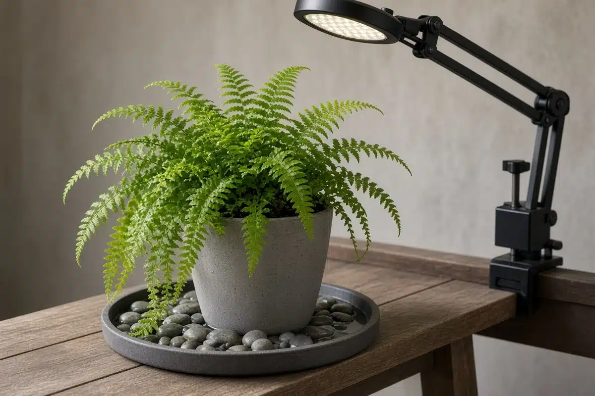 Fern on a pebble tray near a grow light