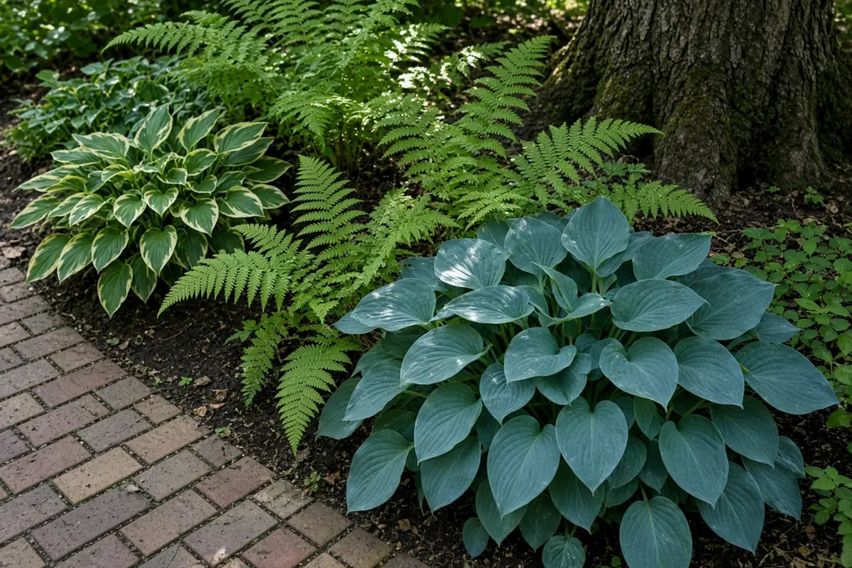 Ferns and hostas in a shaded side yard