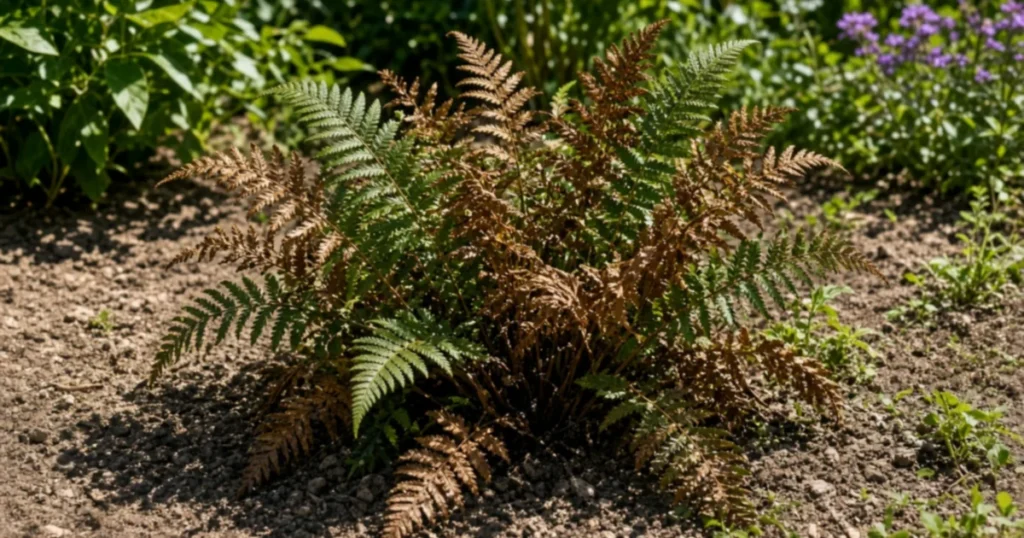 Fern clump with brown fronds in a sunny bed