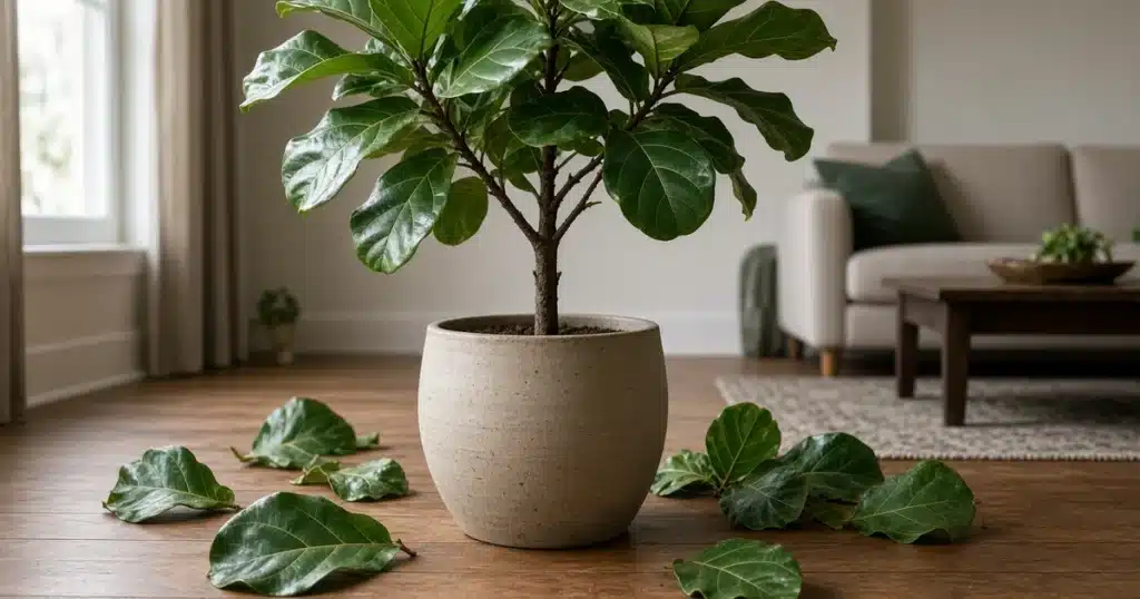 Fiddle leaf fig with fallen leaves on the floor