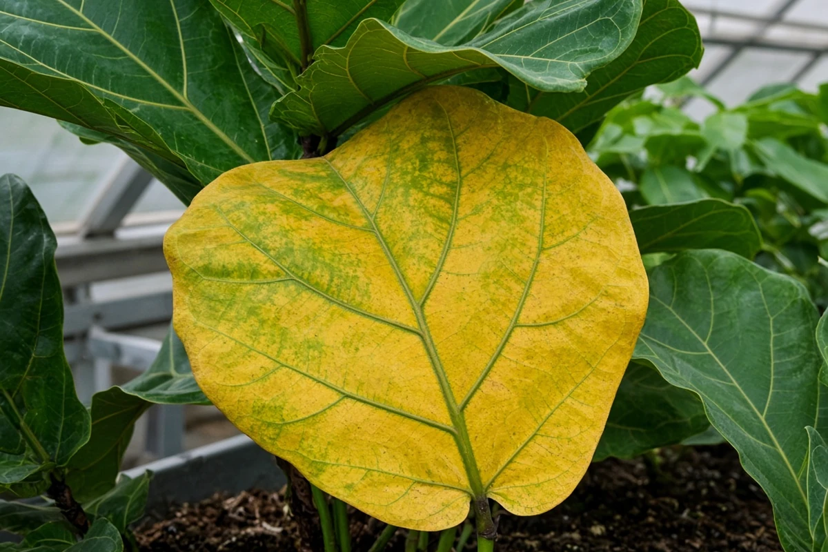 Fiddle leaf fig leaf with yellowing