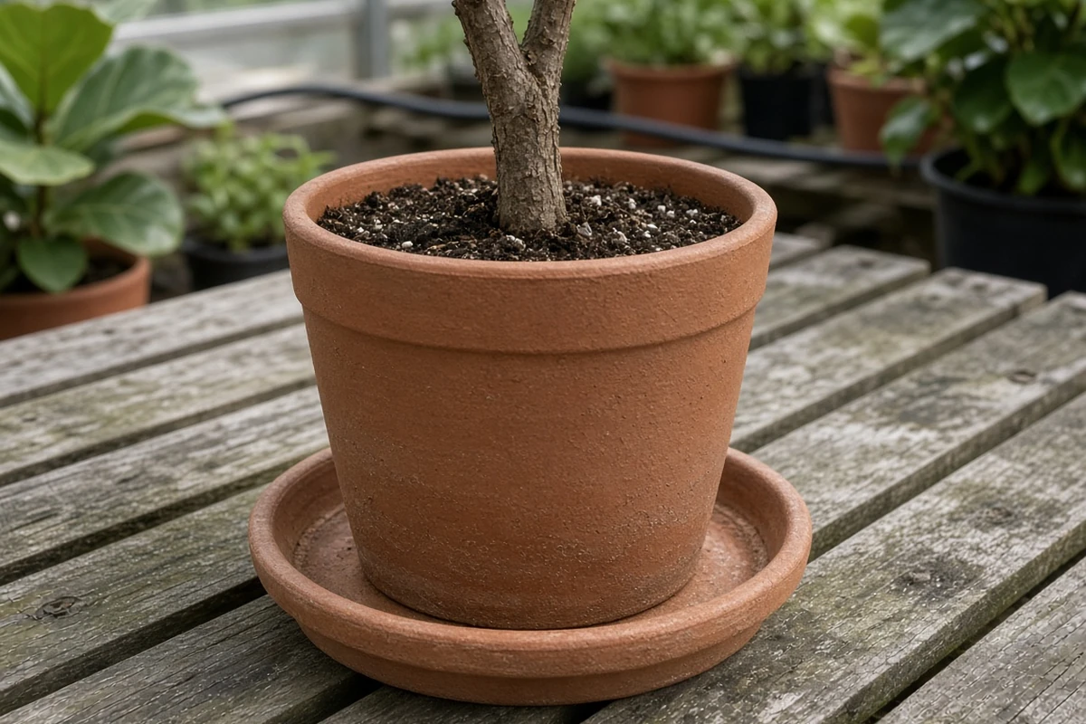 Fiddle leaf fig pot on a saucer