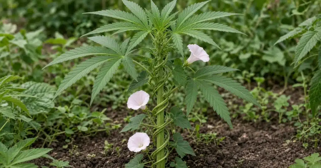 Field bindweed vine with arrowhead leaves and white to pink trumpet flowers twining up a cannabis stem