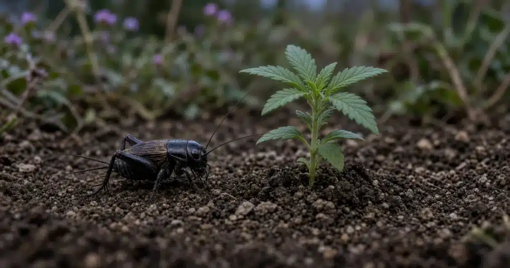 Shiny black field cricket on bare soil beside a young cannabis seedling at dusk