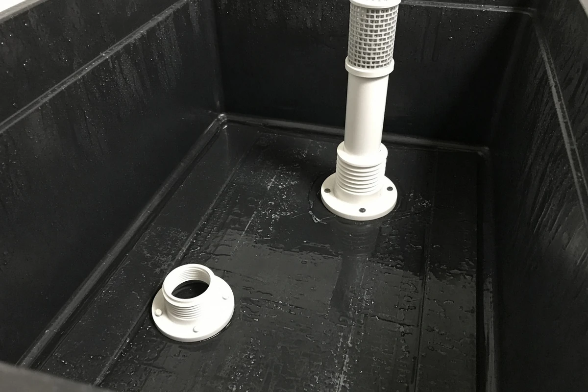 Fill and overflow fittings in a flood tray