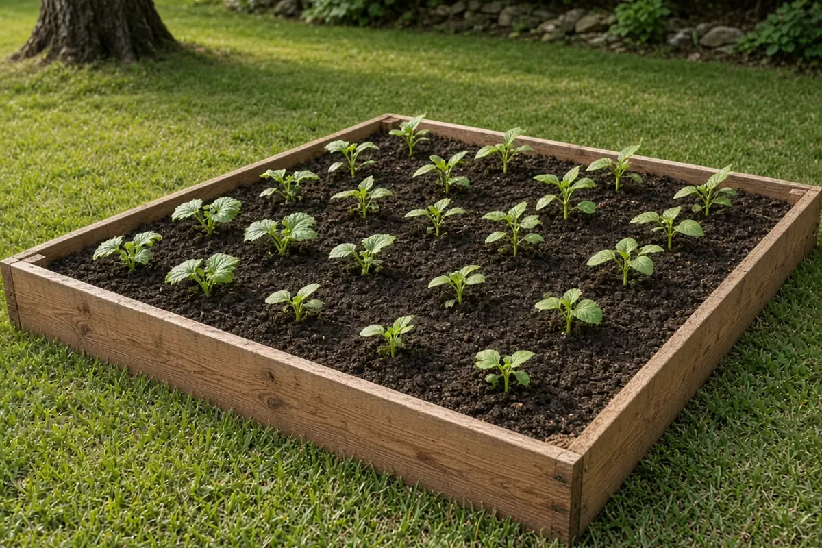 Filled raised bed on a lawn with young plants